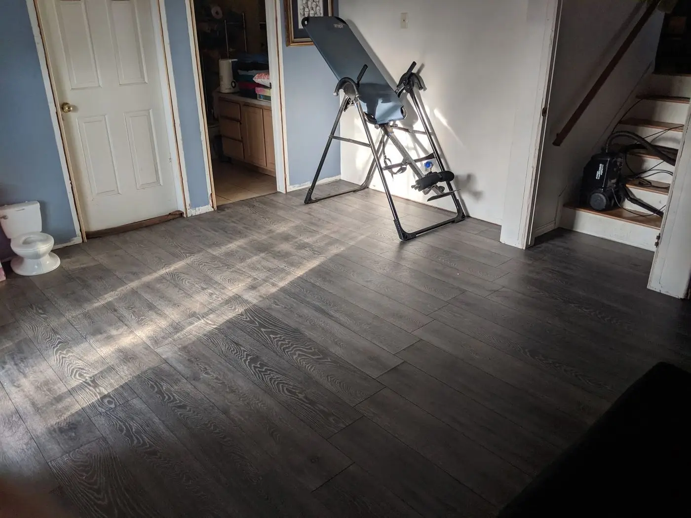 Finished plank flooring, hall and bath area